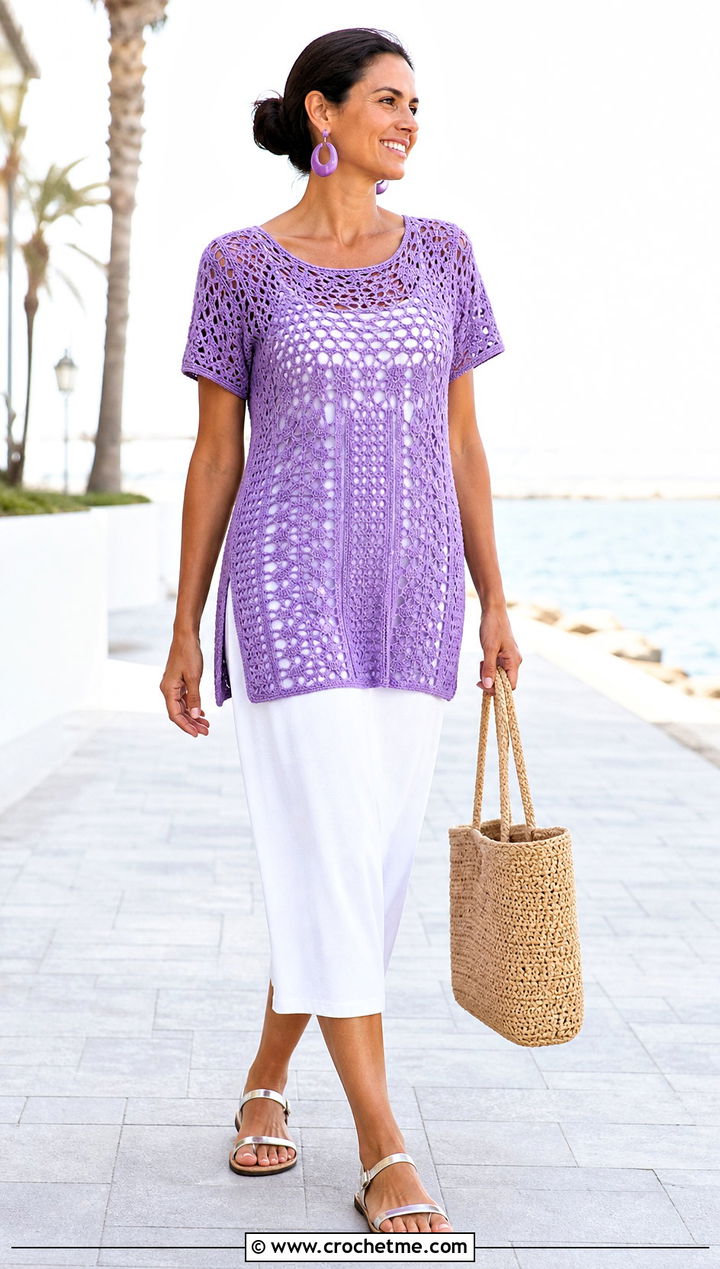 Crochet Tunic Top Over A Tank Dress - 20 dainty crochet top outfit ideas