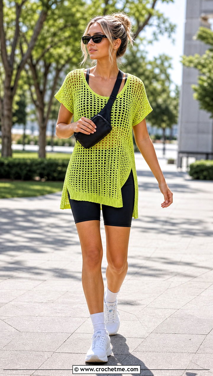 Crochet Tunic Top With Bike Shorts - 25 freestyle crochet top outfit ideas