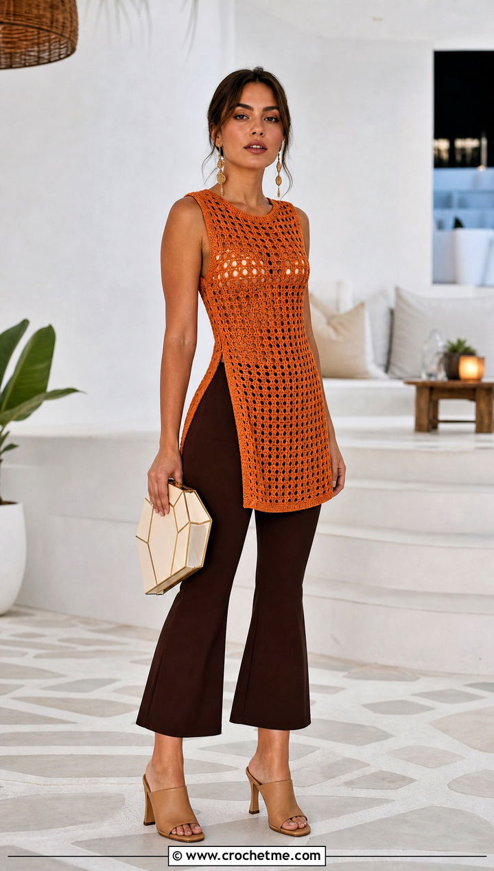 Crochet Tunic Top With Cropped Flare Pants - 25 designer crochet top outfit ideas