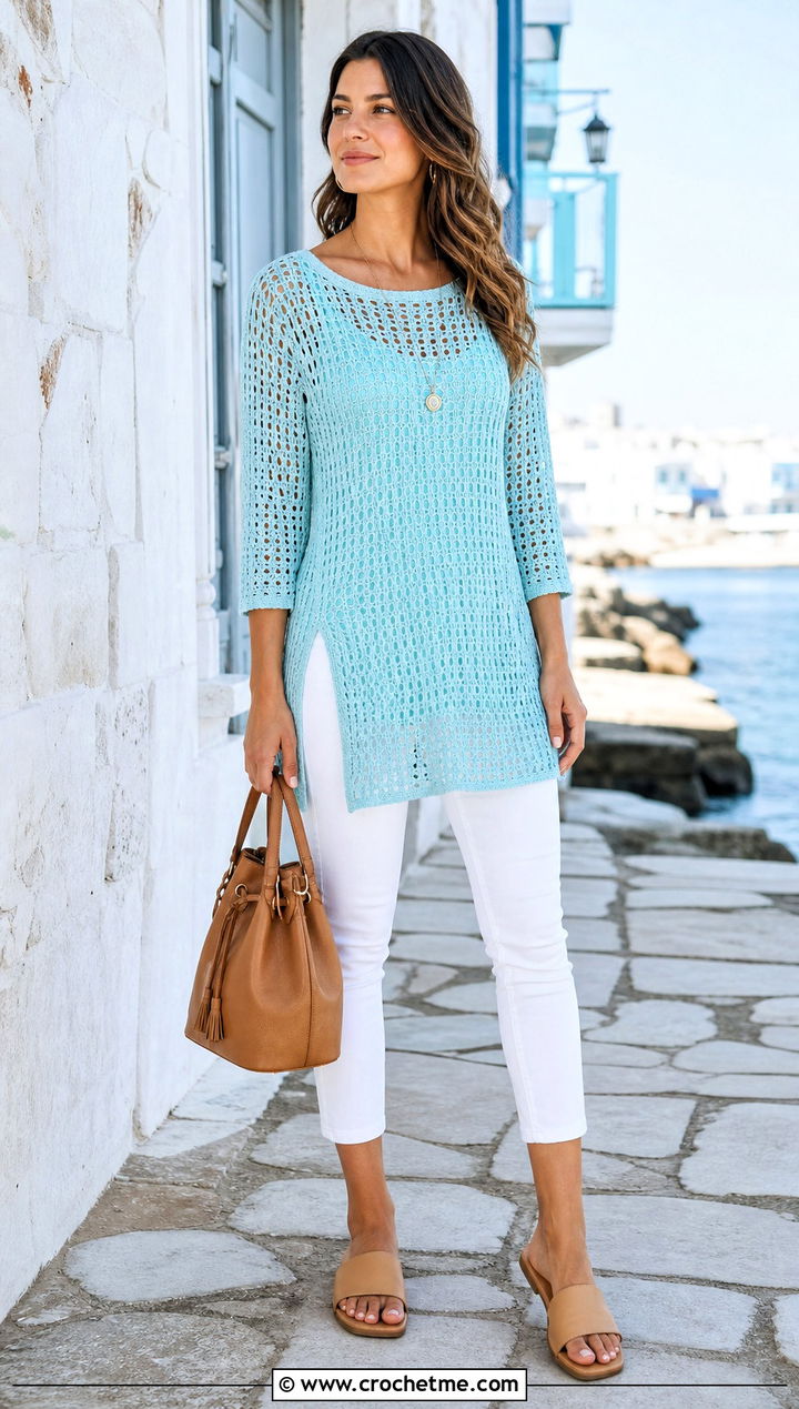 Crochet Tunic Top With Cropped Pants - 20 Crochet Top For Spring outfit ideas