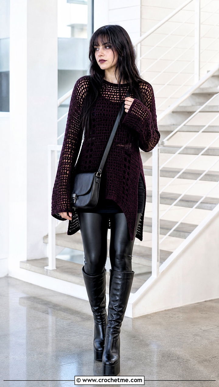 Crochet Tunic Top With Faux Leather Leggings - 25 emo crochet top outfit ideas