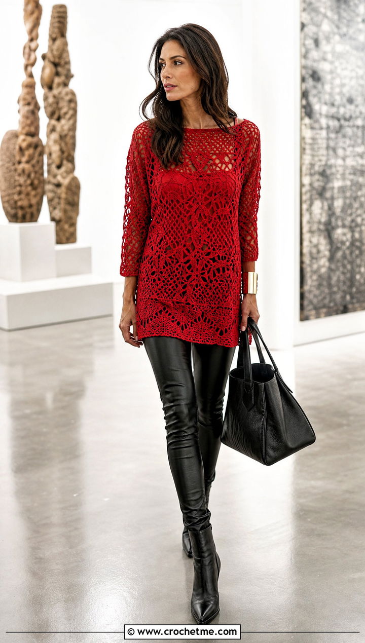 Crochet Tunic Top With Leather Leggings - 25 vintage crochet top outfit ideas