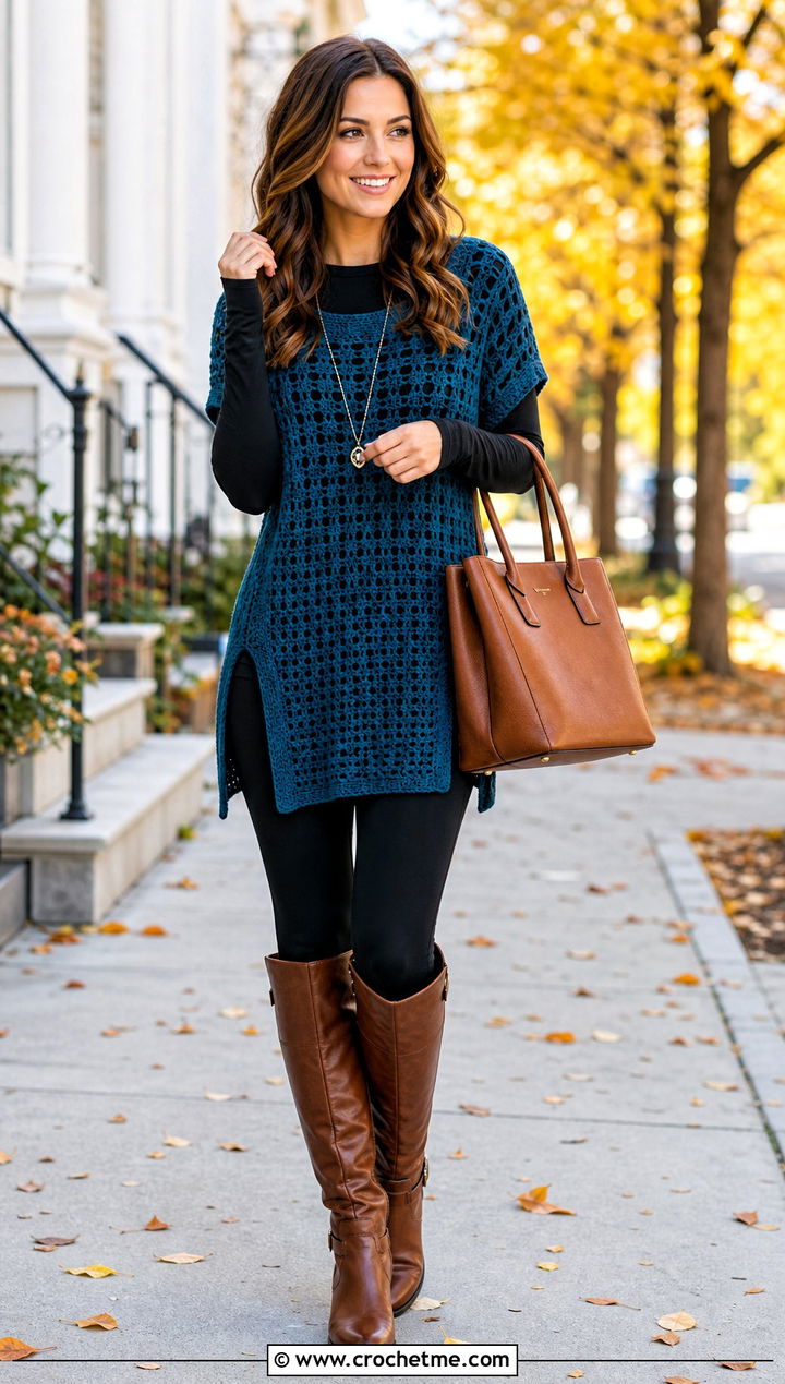 Crochet Tunic Top With Leggings And Riding Boots - 35 Easy Crochet Top outfit ideas