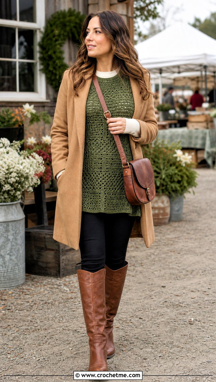 Crochet Tunic Top With Leggings And Riding Boots - 15 rustic crochet top outfit ideas