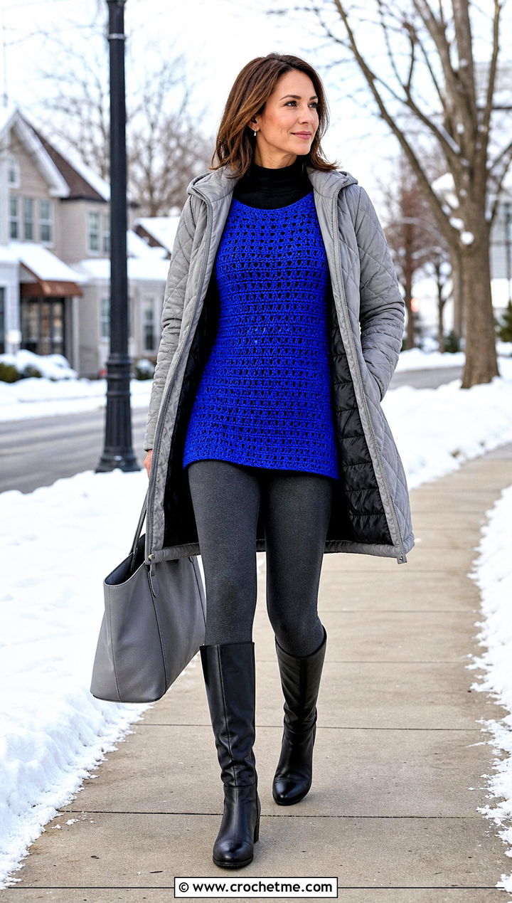 Crochet Tunic Top With Leggings And Tall Boots - 35 winter crochet top outfit ideas