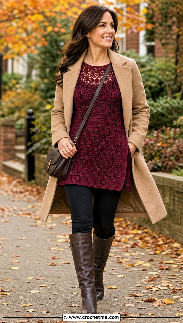 Crochet Tunic Top With Leggings And Tall Boots - 25 Crochet Top Small Chest outfit ideas
