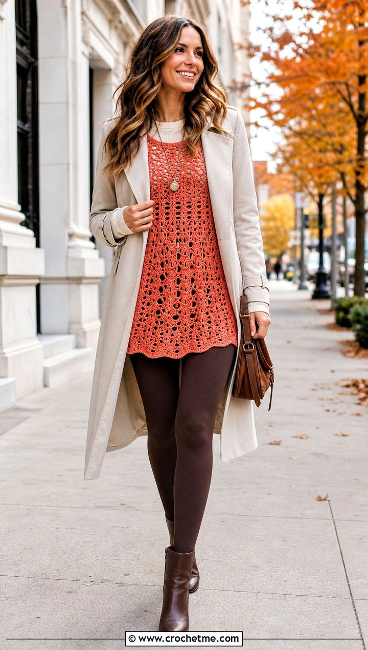 Crochet Tunic Top With Leggings And Trench Coat - 25 Women's Crochet Tops outfit ideas