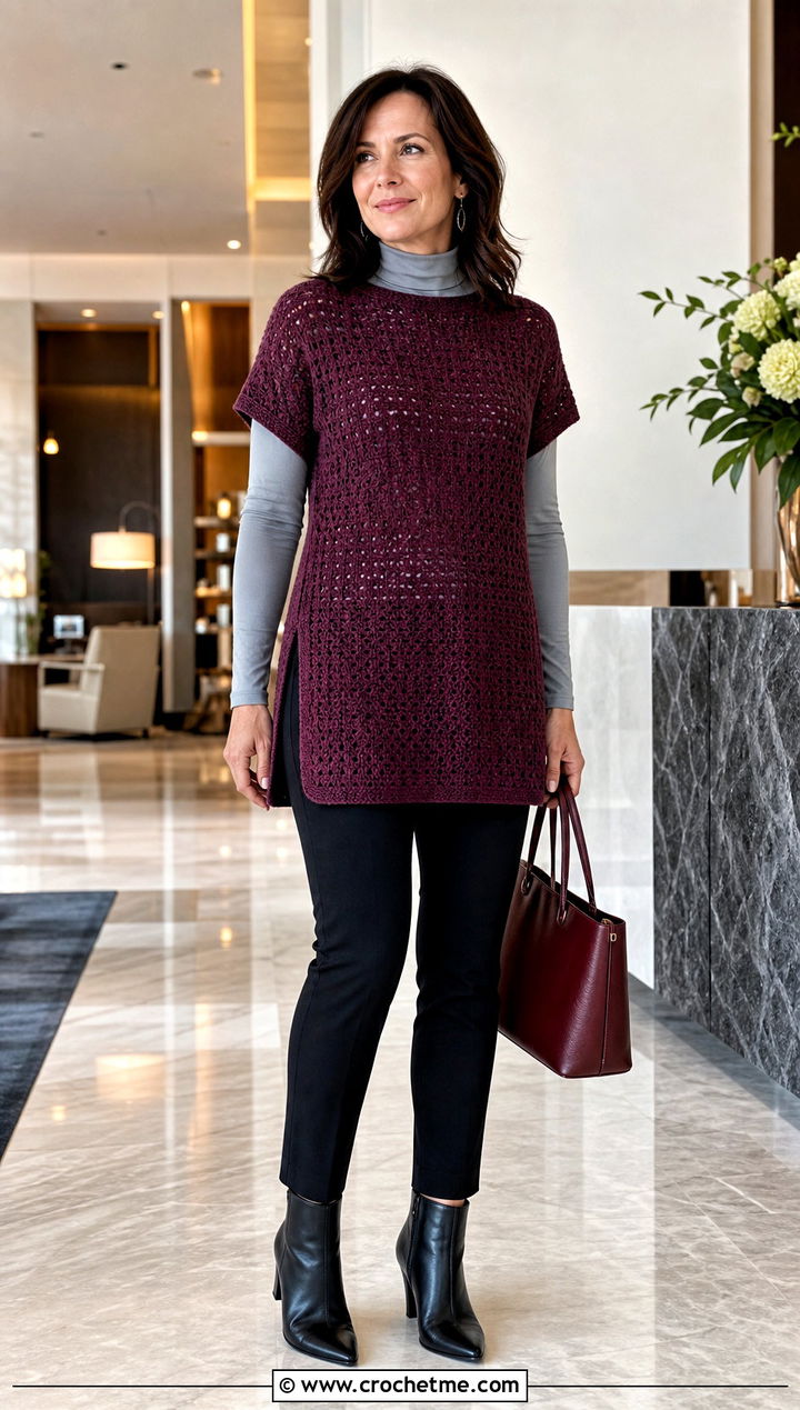 Crochet Tunic Top With Slim Ankle Pants - 30 crochet fall tops outfit ideas
