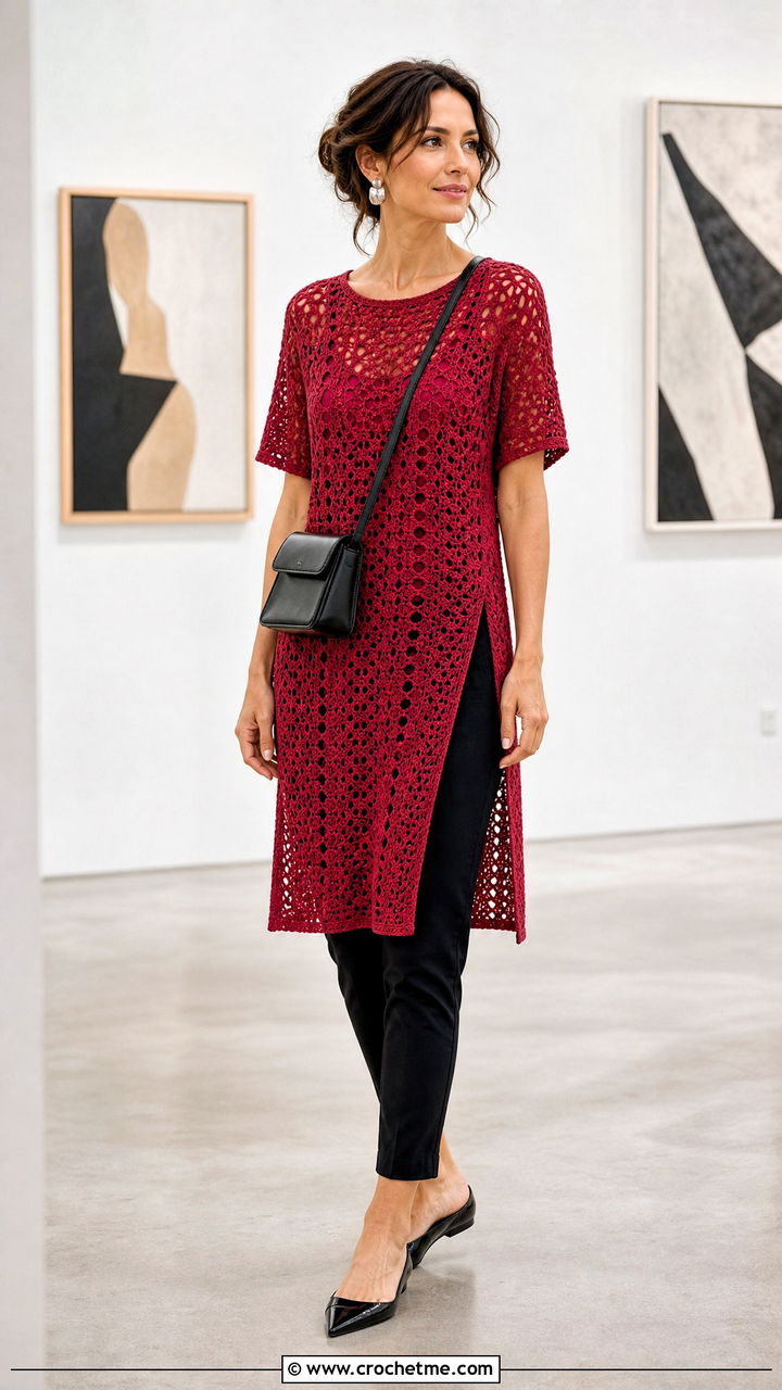 Crochet Tunic Top With Slim Ankle Pants - 35 trendy crochet tops outfit ideas