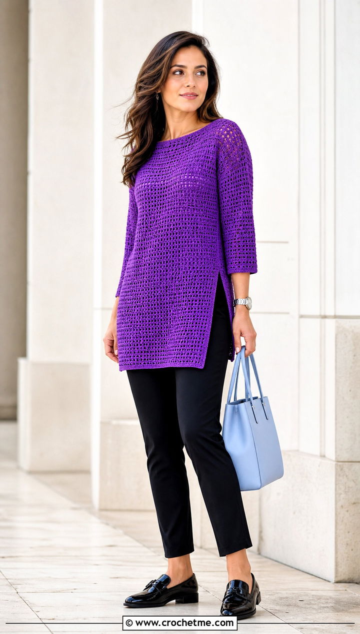 Crochet Tunic Top With Slim Ankle Pants - 25 crochet top not cropped outfit ideas