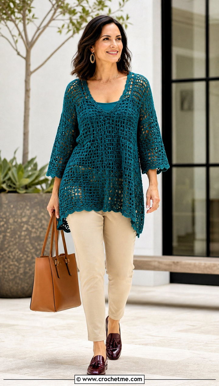Crochet Tunic Top With Slim Ankle Pants - 25 Flowy Crochet Top outfit ideas