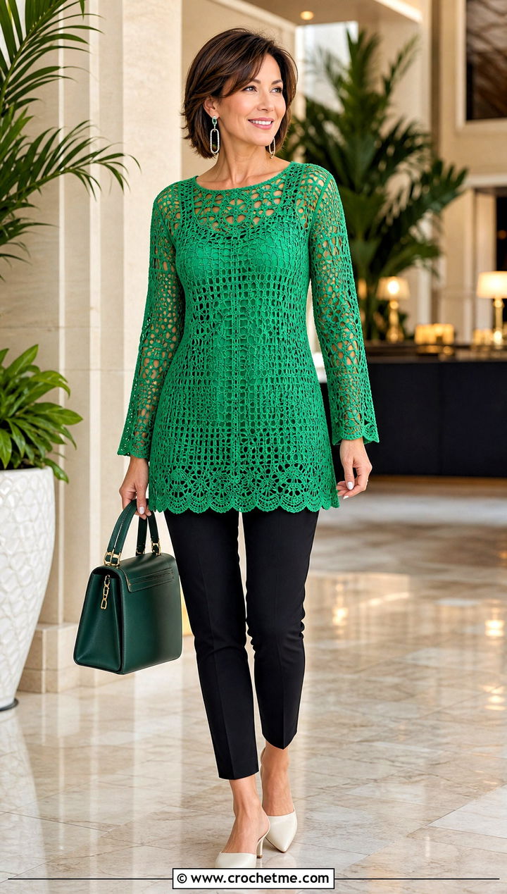 Crochet Tunic Top With Slim Ankle Pants - 25 Spring Crochet Tops outfit ideas