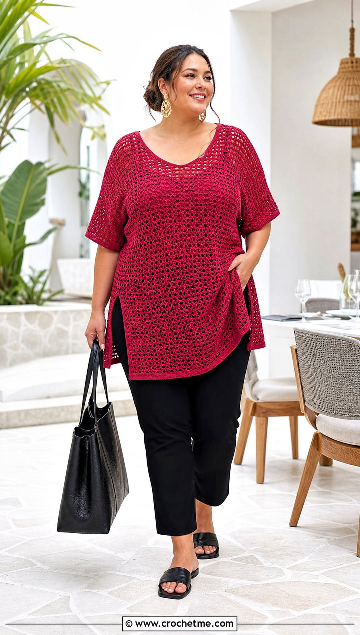 Crochet Tunic Top With Slim Ankle Pants - 30 crochet top for outfit ideas