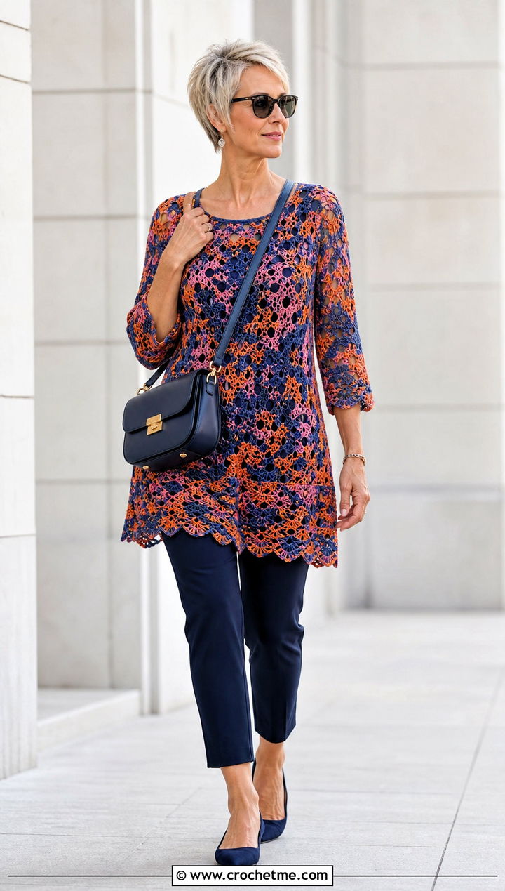 Crochet Tunic Top With Slim Ankle Pants - 30 multi color crochet top outfit ideas