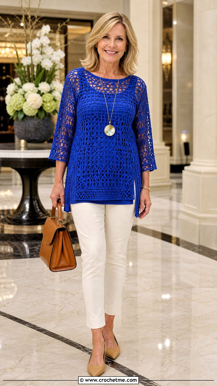 Crochet Tunic Top With Slim Ankle Pants - 35 simple crochet top outfit ideas
