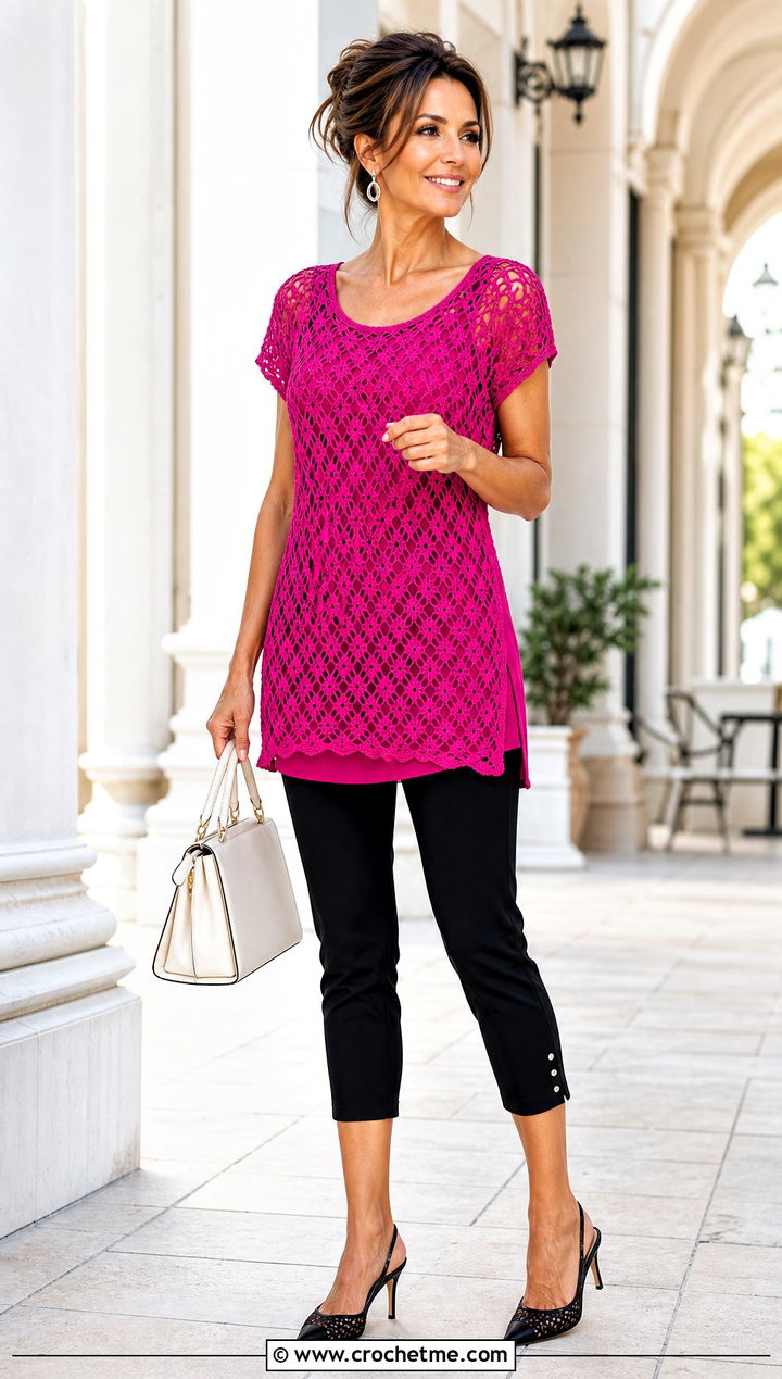 Crochet Tunic Top With Slim Capri Pants - 20 Crochet Holey Top outfit ideas