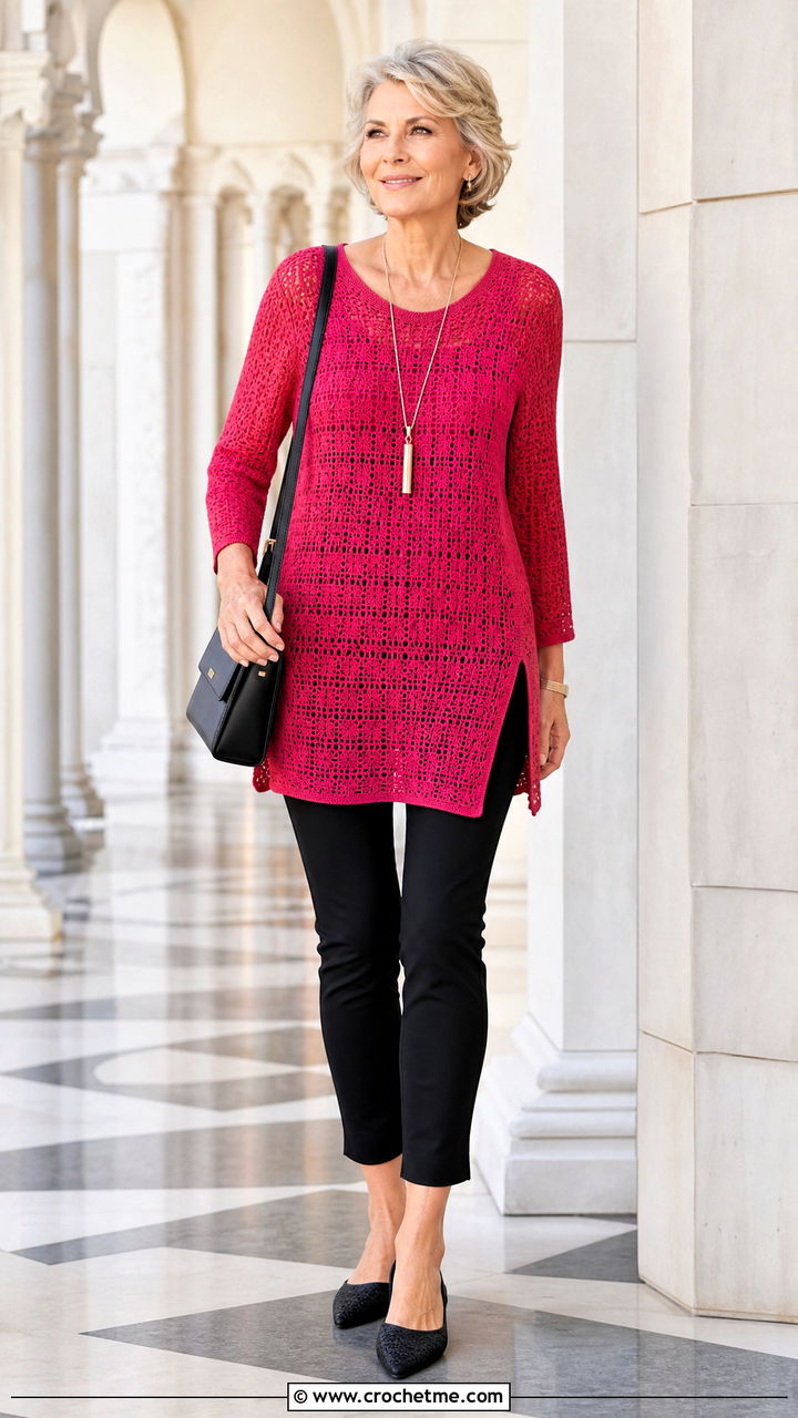 Crochet Tunic Top With Slim Cropped Pants - 35 crochet tops for women outfit ideas