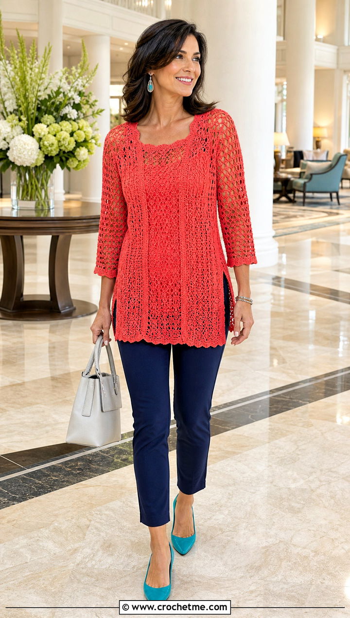 Crochet Tunic Top With Slim Cropped Pants - 35 crochet womens tops outfit ideas