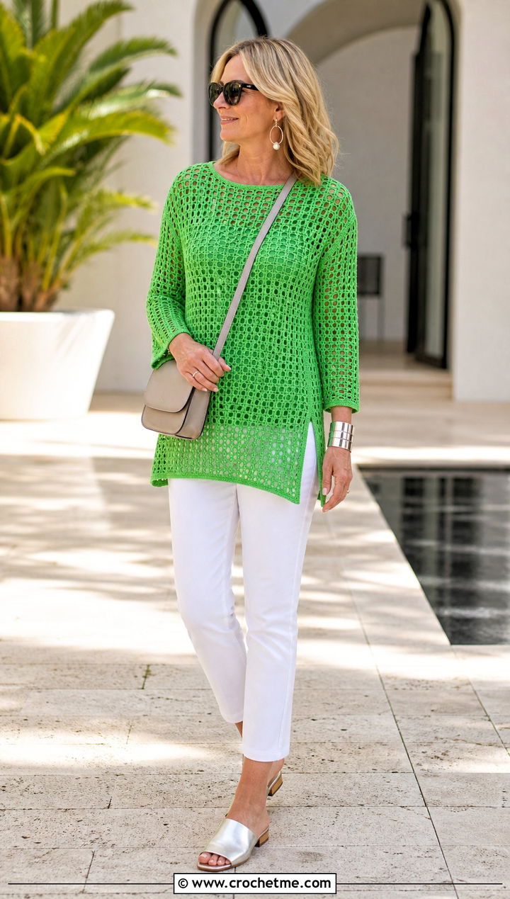 Crochet Tunic Top With Slim Cropped Pants - 35 crochet top for summer outfit ideas