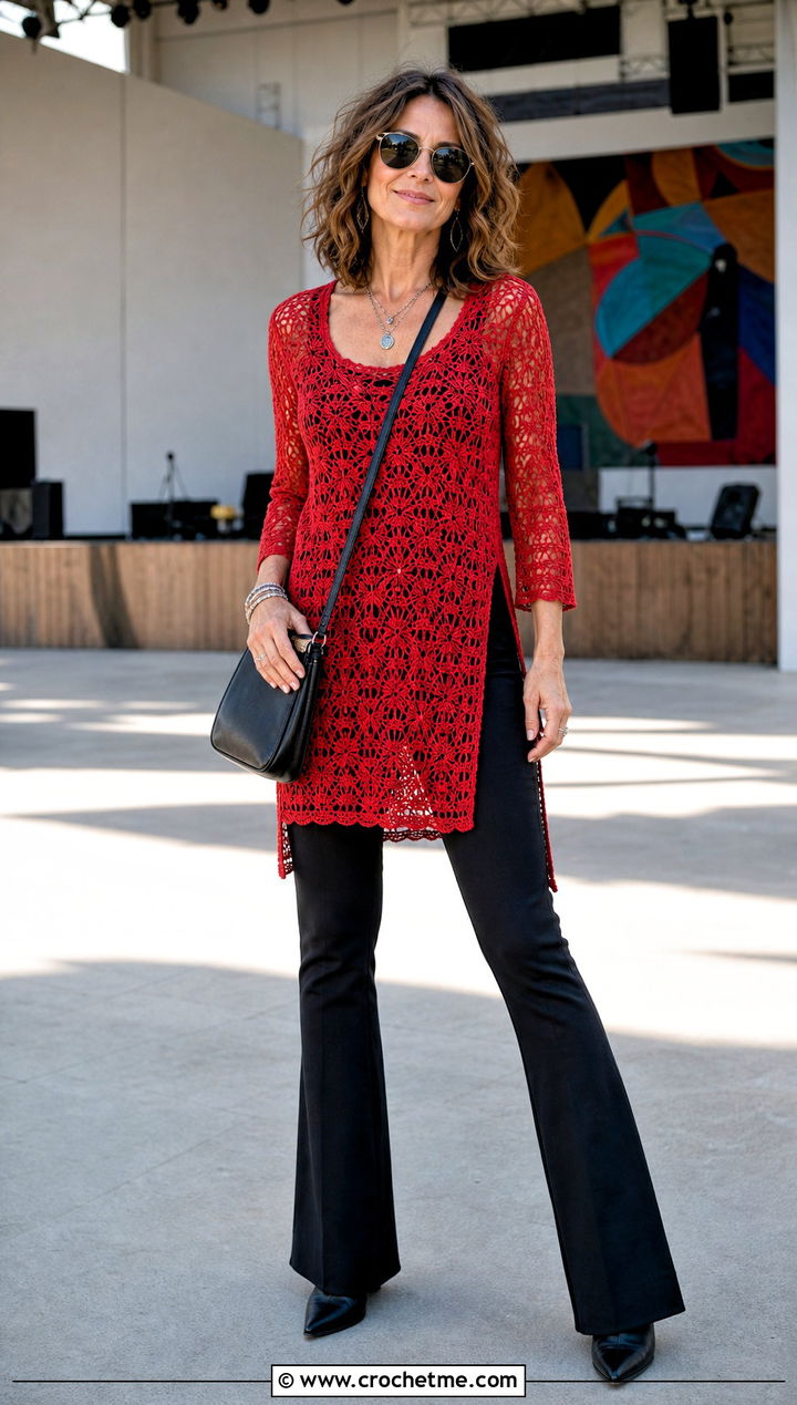 Crochet Tunic Top With Slim Flared Pants - 35 spring crochet top outfit ideas