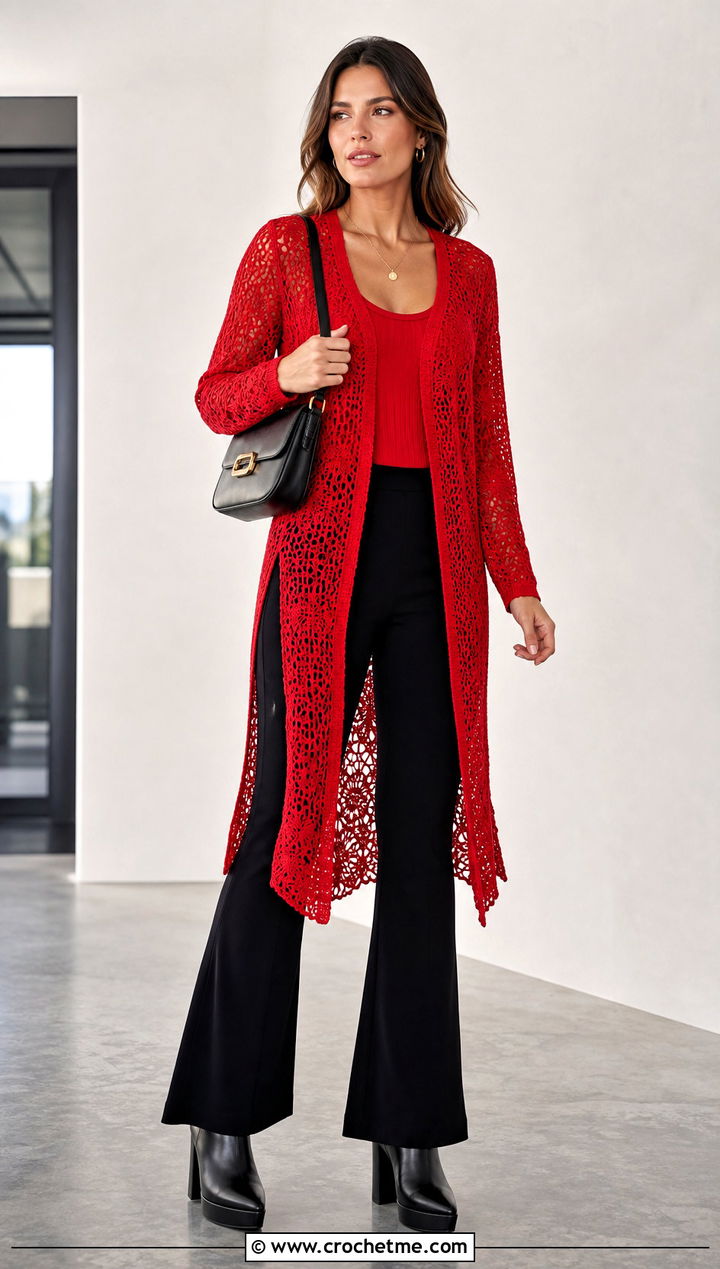 Crochet Tunic Top With Slim Flared Pants - 30 70s crochet top outfit ideas