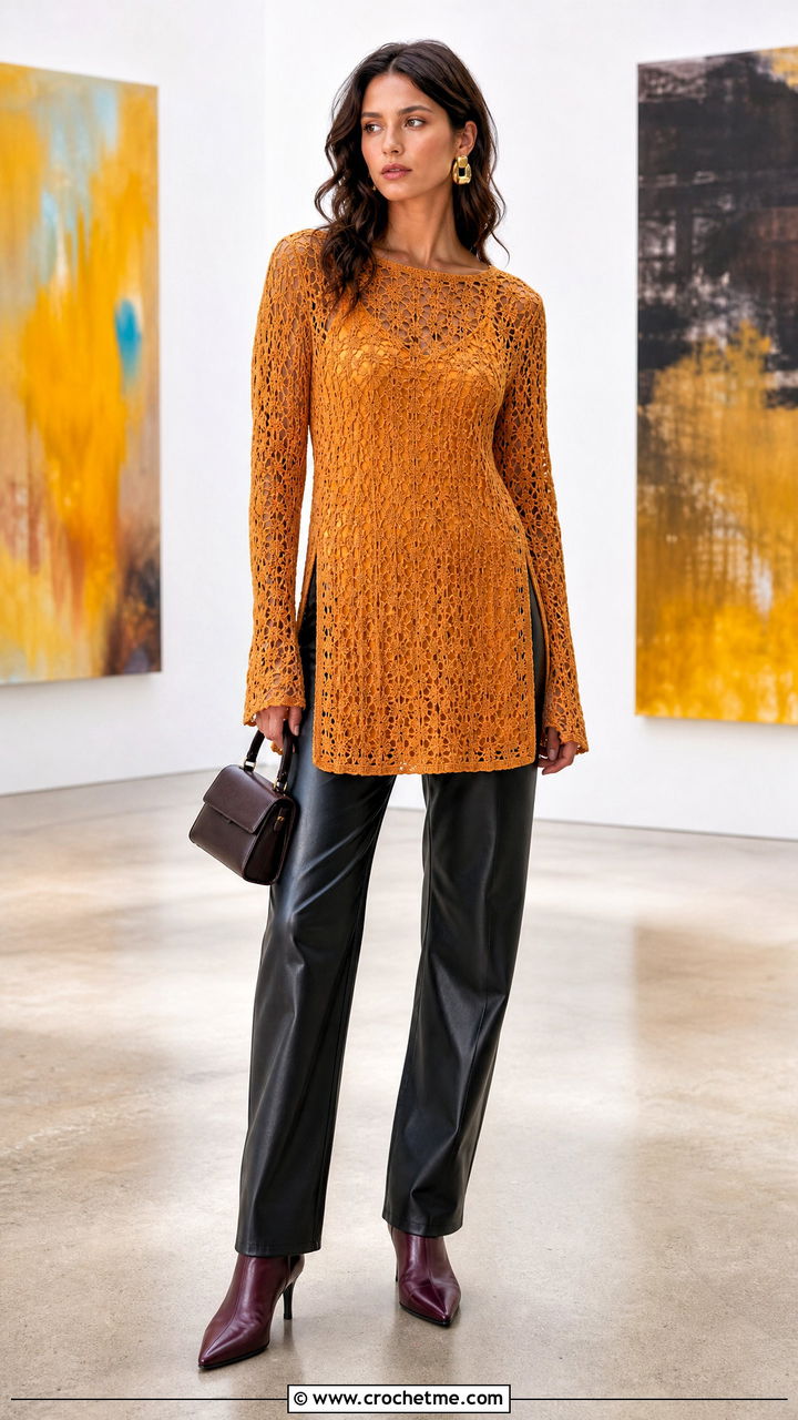 Crochet Tunic Top With Slim Leather Pants - 35 crochet knit top outfit ideas