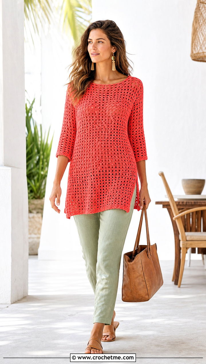 Crochet Tunic Top With Slim Linen Pants - 35 Crocheted Summer Tops outfit ideas