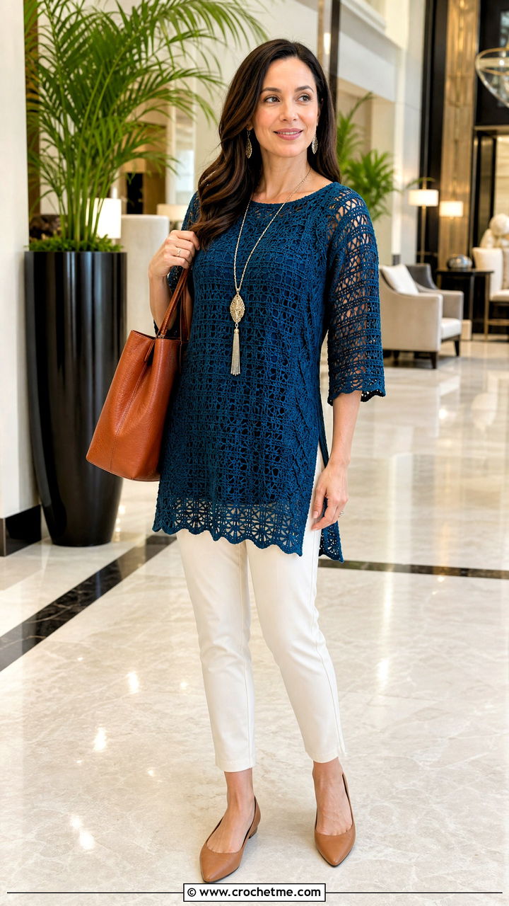 Crochet Tunic Top With Slim Pants - 35 aesthetic crochet tops outfit ideas
