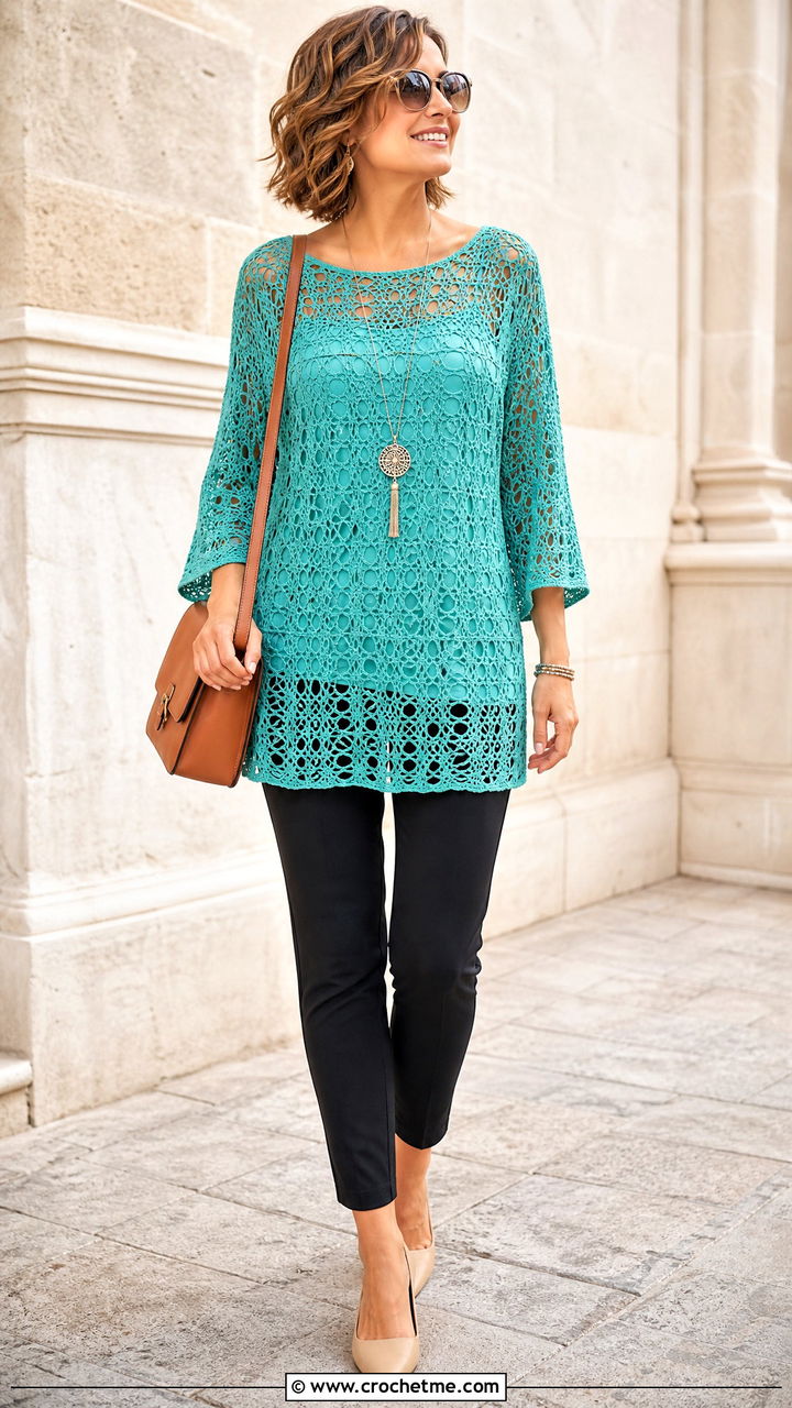 Crochet Tunic Top With Slim Pants - 35 boho crochet tops outfit ideas