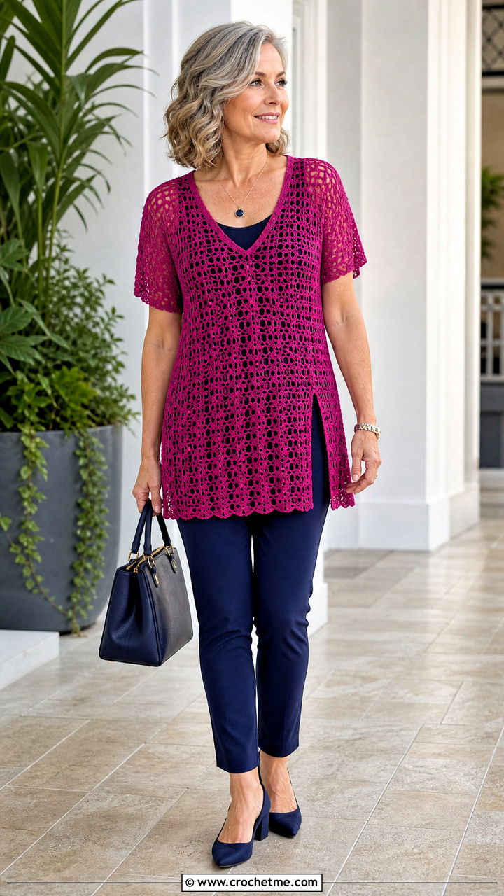 Crochet Tunic Top With Slim Pants - 35 colorful crochet top outfit ideas