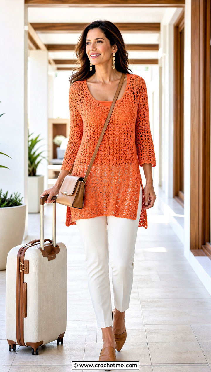 Crochet Tunic Top With Slim Pants - 35 Fast Crochet Top outfit ideas