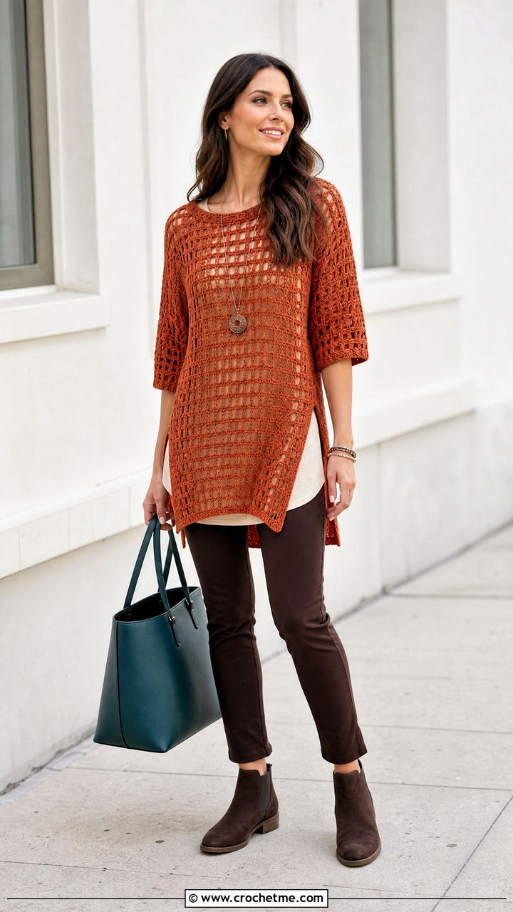 Crochet Tunic Top With Slim Pants - 35 simple crochet tops outfit ideas