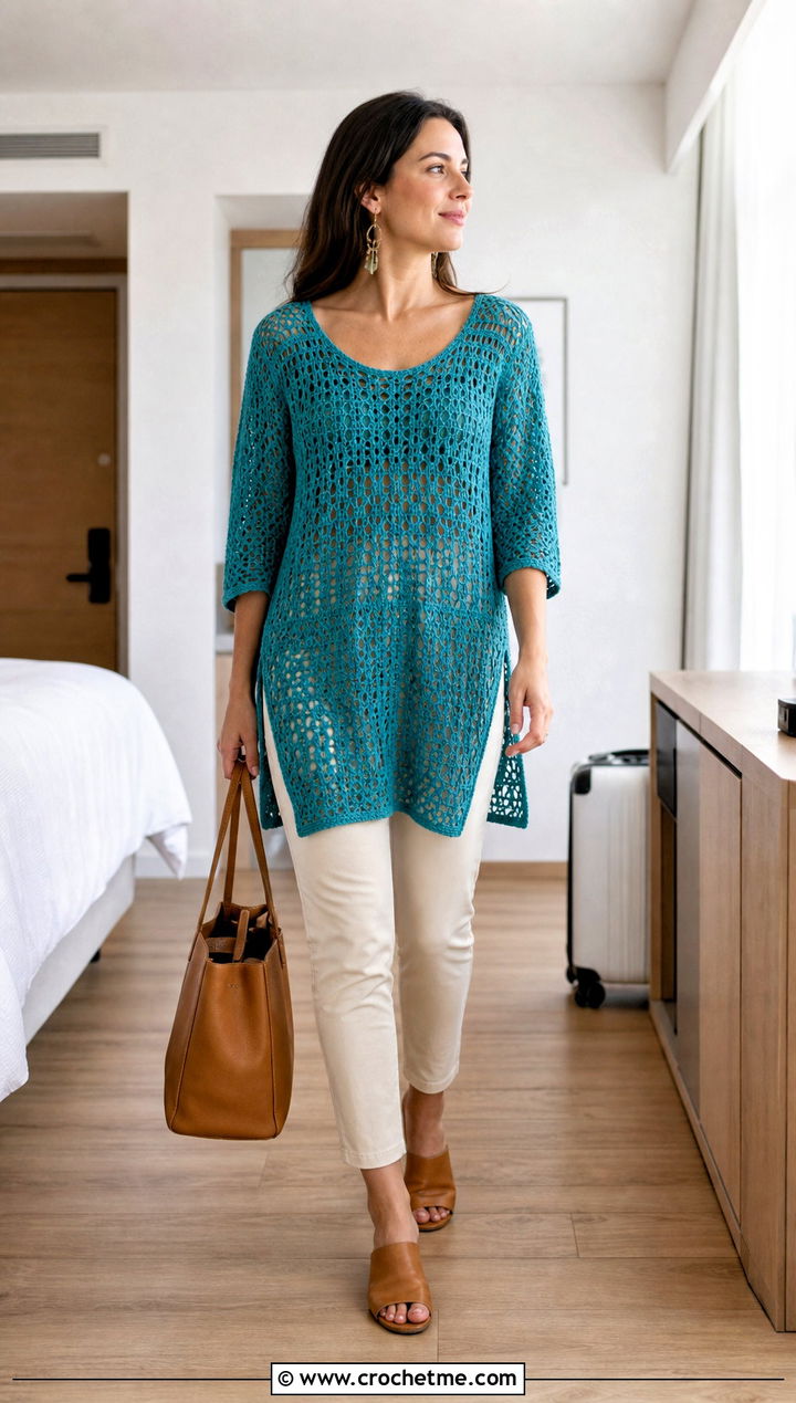 Crochet Tunic Top With Slim Pants And Mules - 15 crochet top on wooden floor outfit ideas
