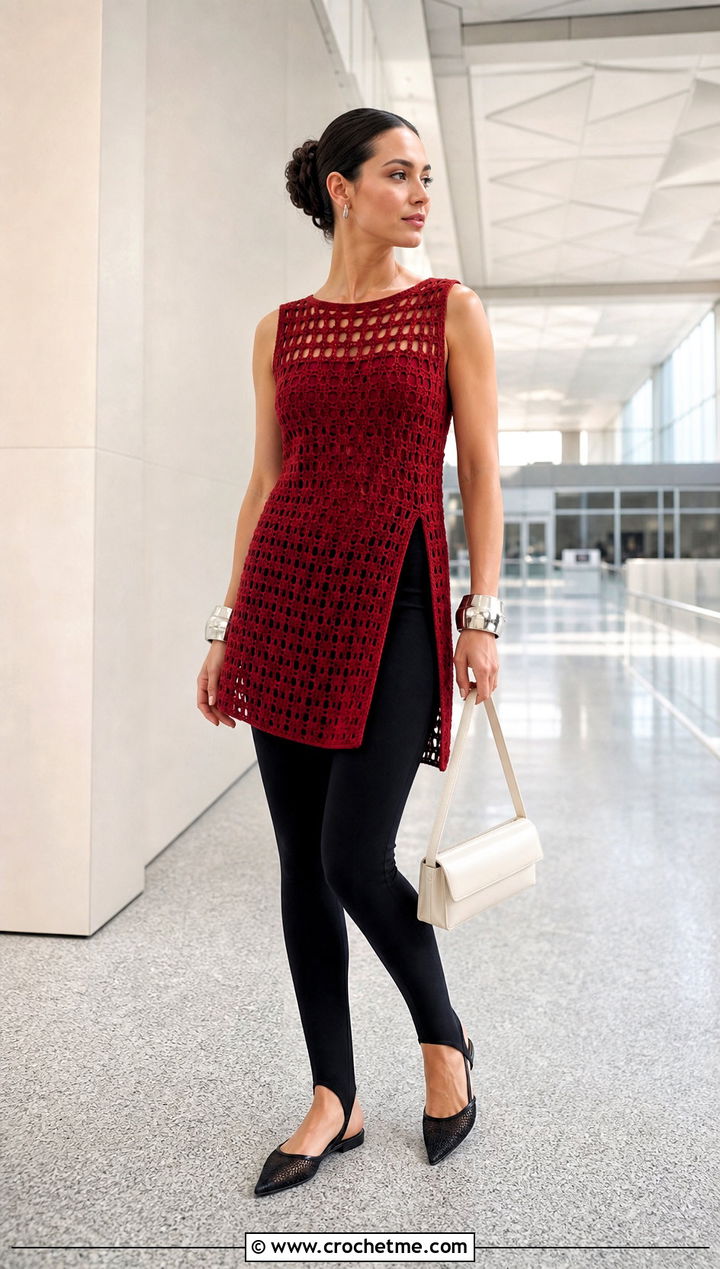 Crochet Tunic Top With Slim Stirrup Pants - 35 Elegant Crochet Top outfit ideas
