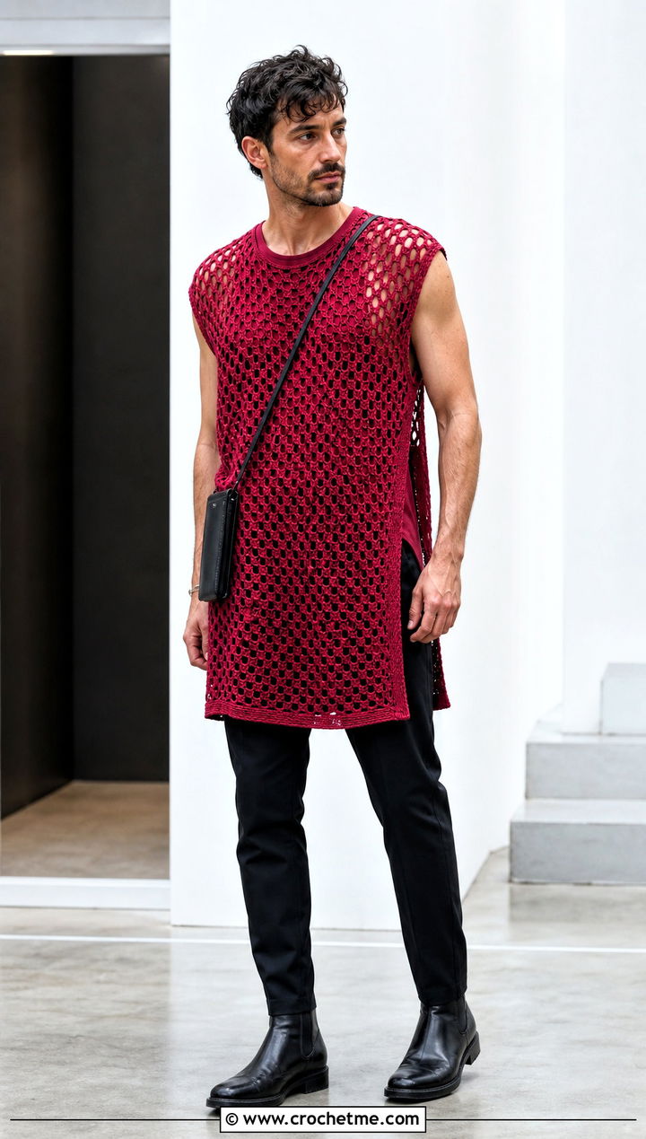 Crochet Tunic Top With Slim Trousers - 35 Mens Crochet Top outfit ideas