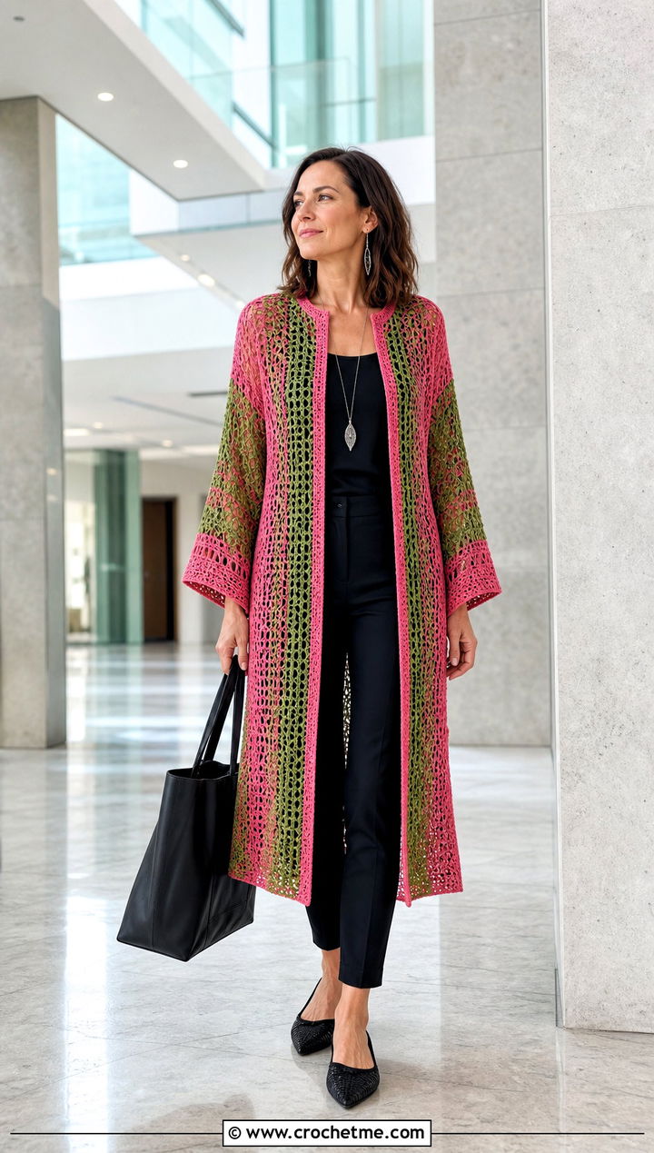 Crochet Tunic Top With Slim Trousers - 30 pink and green crochet top outfit ideas