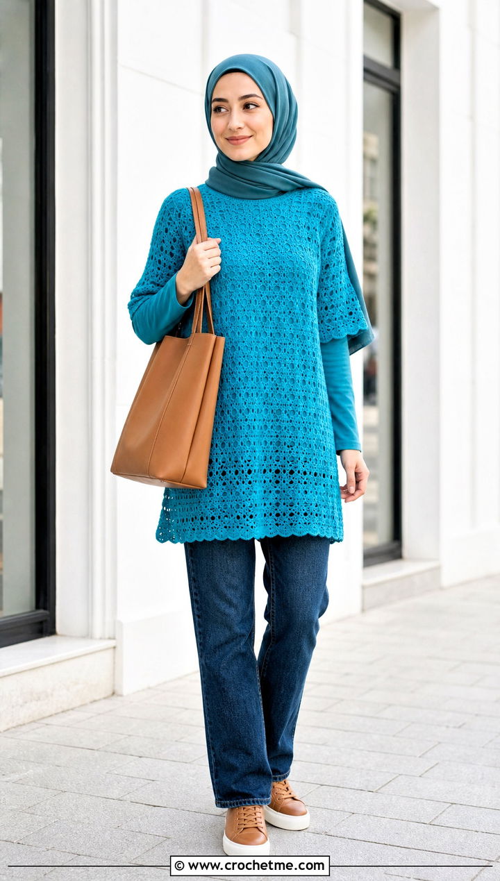Crochet Tunic Top With Straight Leg Jeans - 20 crochet top hijabi outfit ideas