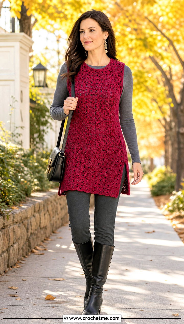 Crochet Tunic Vest With Tall Boots - 35 crochet vest outfits for women outfit ideas