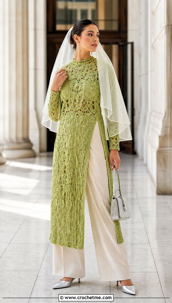 Crochet Tunic Wedding Dress With Silk Wide Leg Pants - 25 boho crochet wedding dress outfit ideas