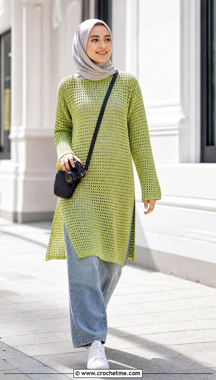 Crochet Tunic With Barrel Leg Jeans - 35 Modest Crochet Outfit Ideas