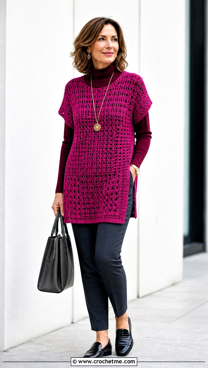 Crochet Tunic With Cigarette Pants And Loafers - 25 Autumn Crochet Outfit ideas