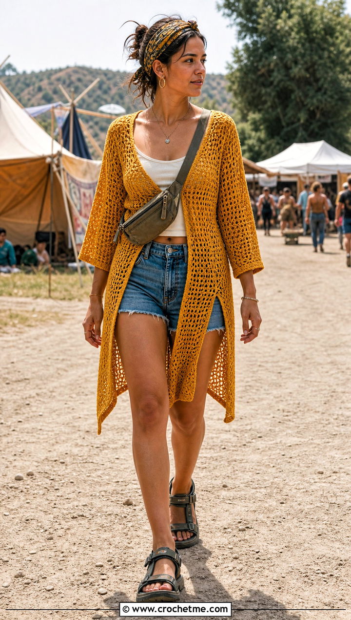 Crochet Tunic With Denim Cutoff Shorts - 25 crochet festival clothes and outfit ideas