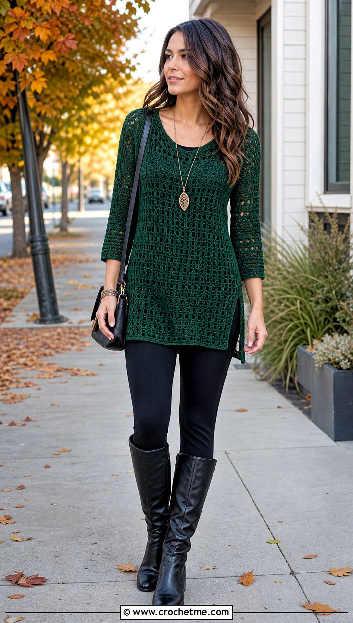 Crochet Tunic With Leggings And Riding Boots - 25 Crochet Projects Aesthetic Clothes and outfit ideas