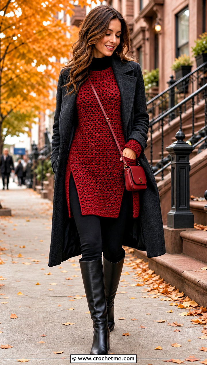 Crochet Tunic With Leggings And Riding Boots - 15 colorful crochet clothing design outfit ideas