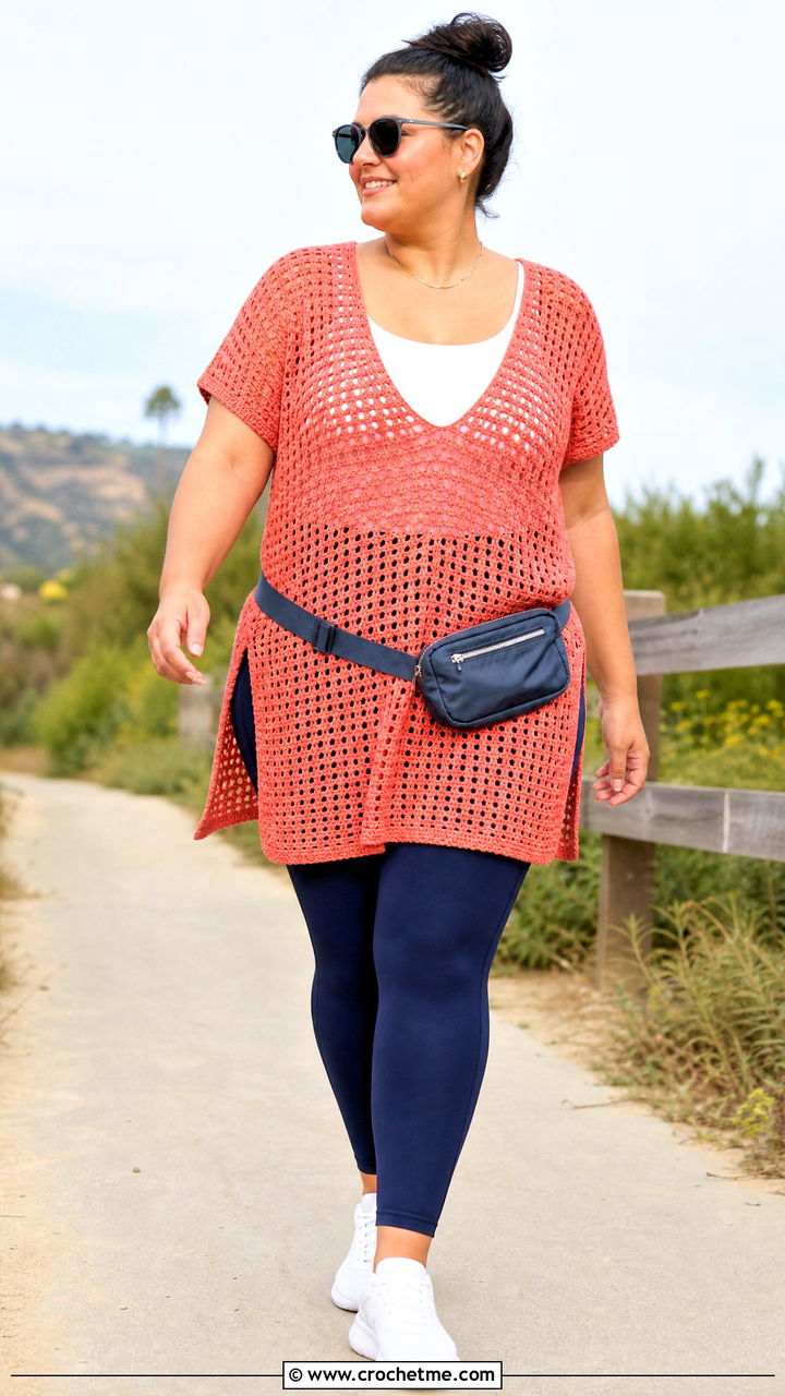 Crochet Tunic With Leggings And Sneakers - 35 cute crochet outfits ideas