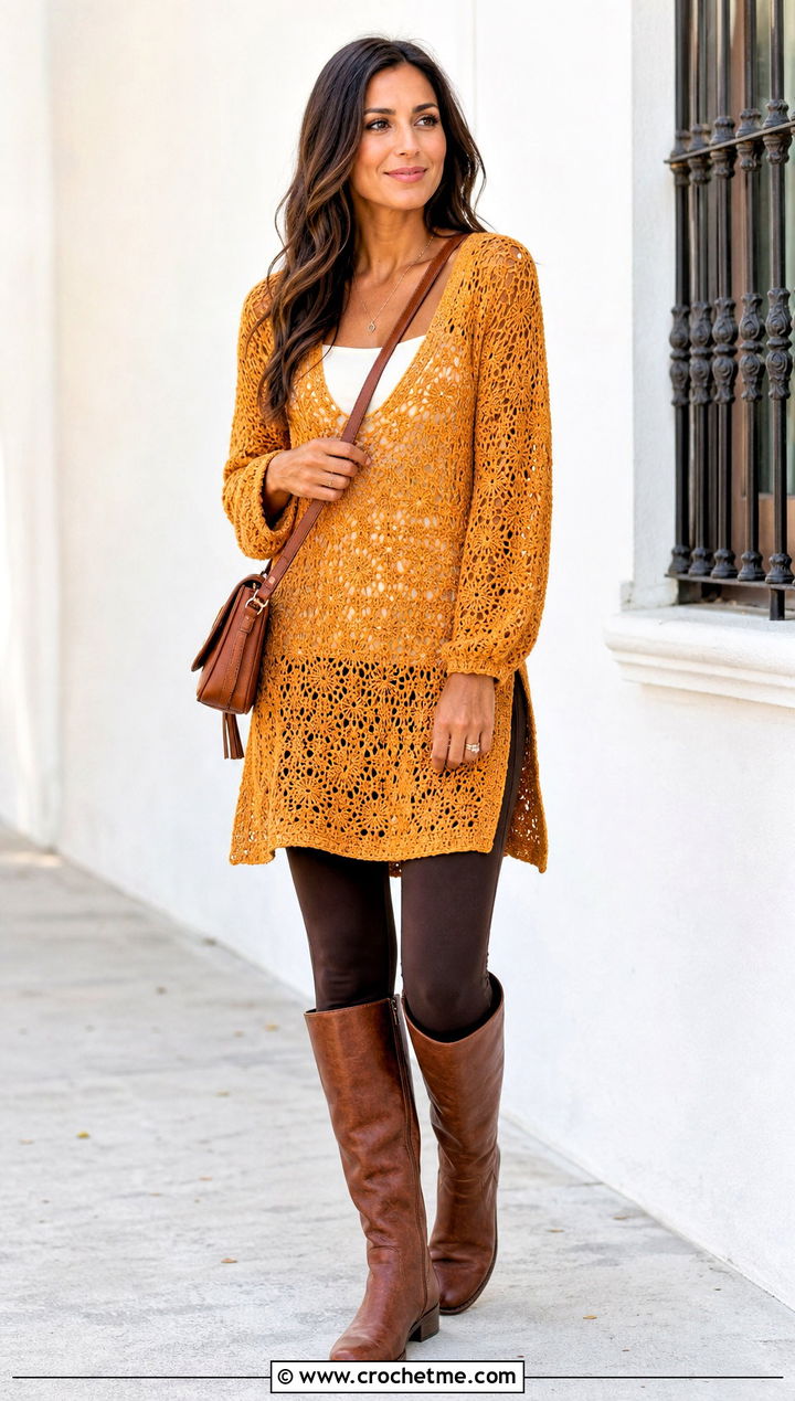 Crochet Tunic With Leggings And Tall Boots - 25 Crochet For Beginners Clothes and outfit ideas