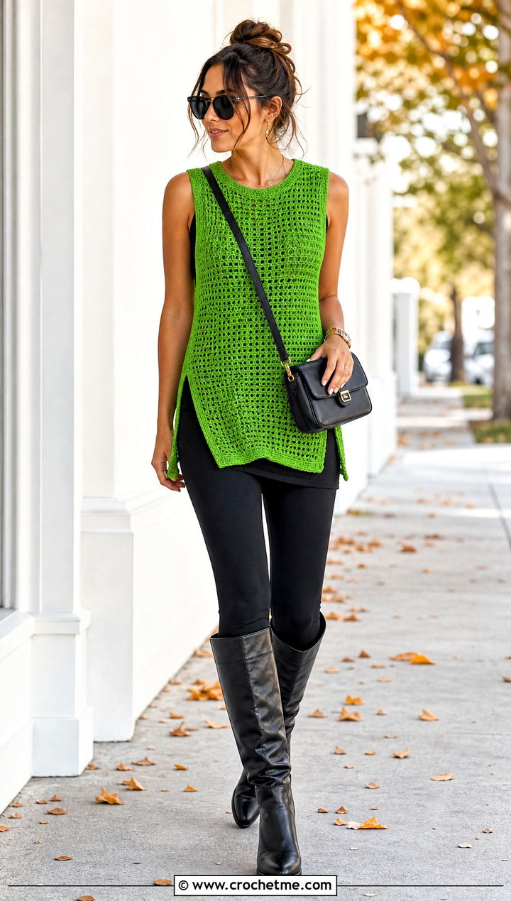 Crochet Tunic With Leggings And Tall Boots - 25 beginner crochet clothing and outfit ideas