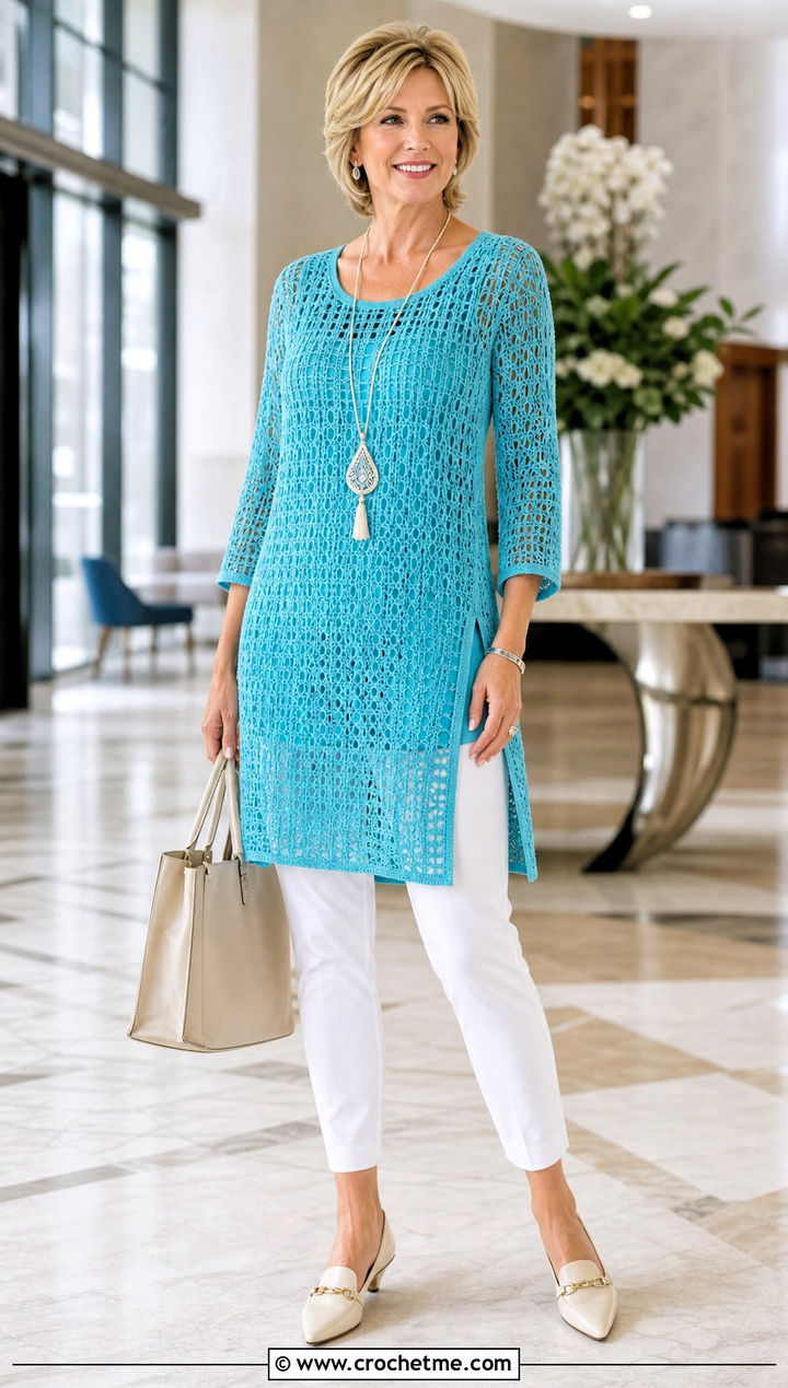 Crochet Tunic With Slim Ankle Pants - 30 crochet clothing for beginners outfit ideas