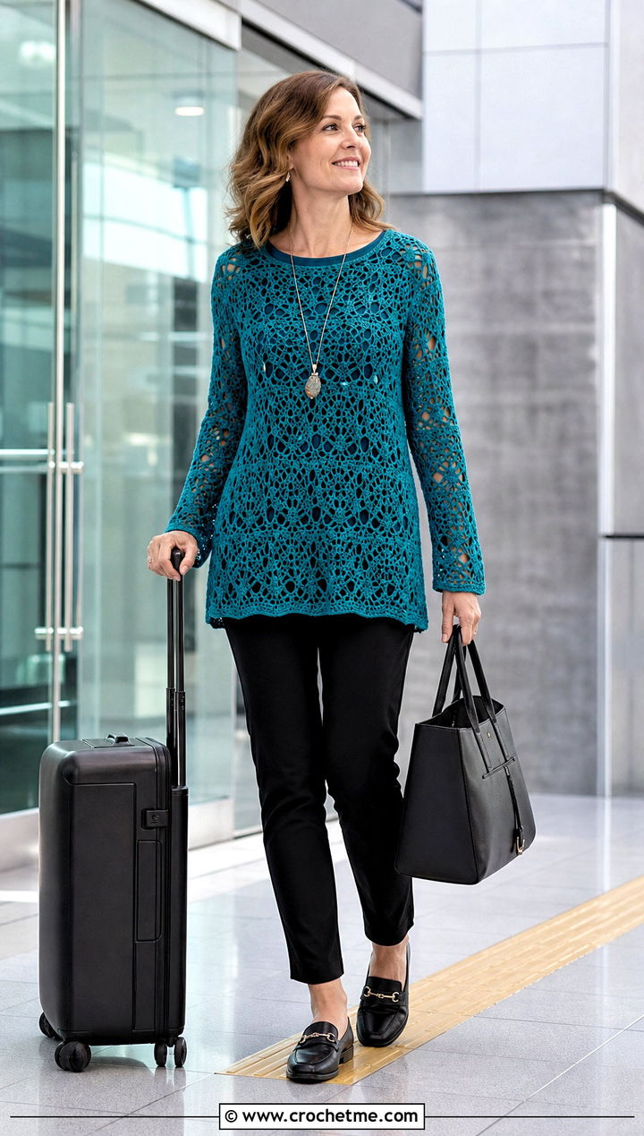 Crochet Tunic With Slim Pants And Loafers - 30 crochet fall outfits ideas
