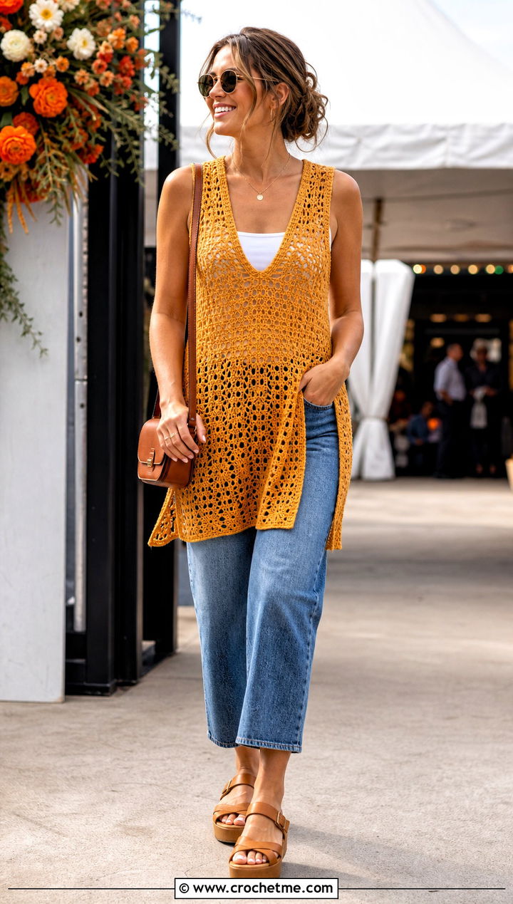 Crochet Tunic With Straight Leg Jeans - 25 Crochet Festival Outfit ideas